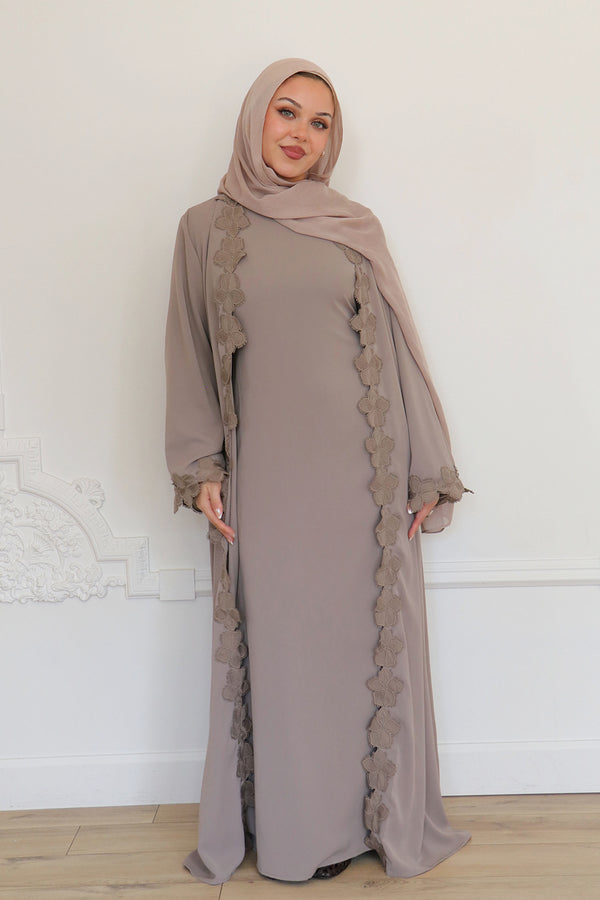 Malak Flower Abaya Set - Taupe