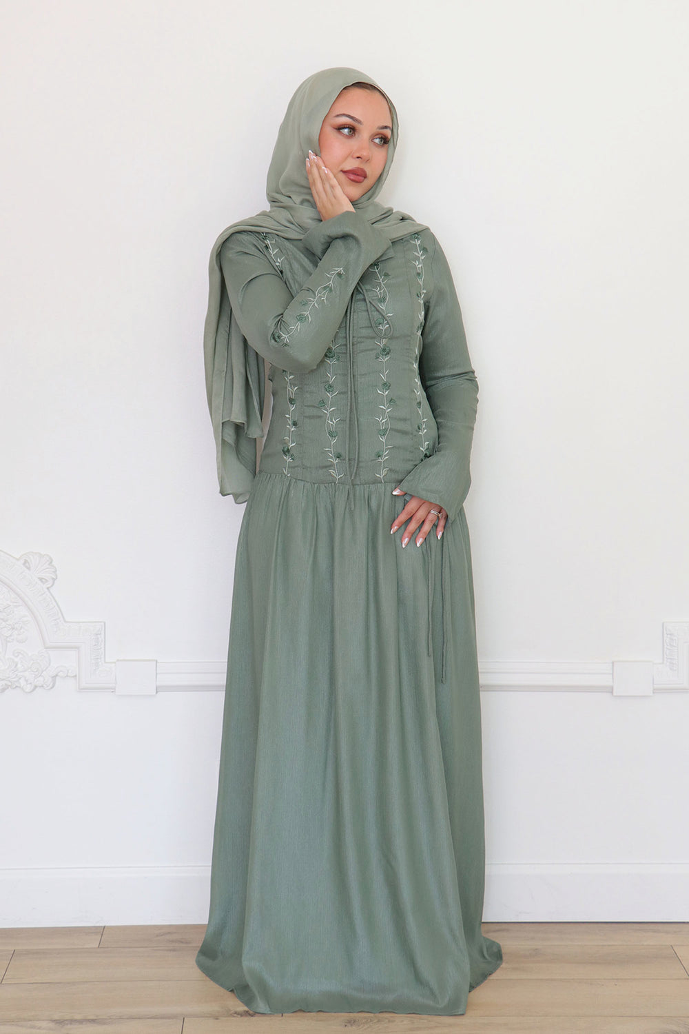 Soleil Embroidery Organza Dress - Sage