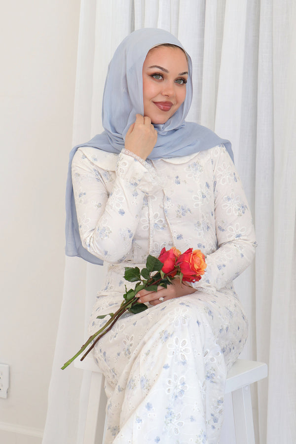 Elora Lace Floral Dress - Cream/Blue