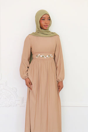 Amalia Embroidery Linen Dress - Nude Pink
