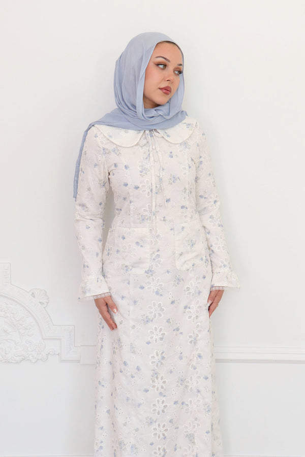 Elora Lace Floral Dress - Cream/Blue