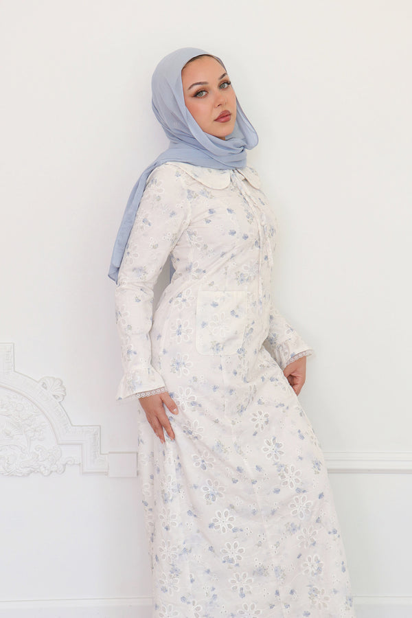 Elora Lace Floral Dress - Cream/Blue