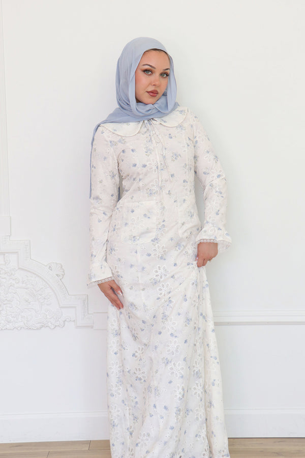 Elora Lace Floral Dress - Cream/Blue