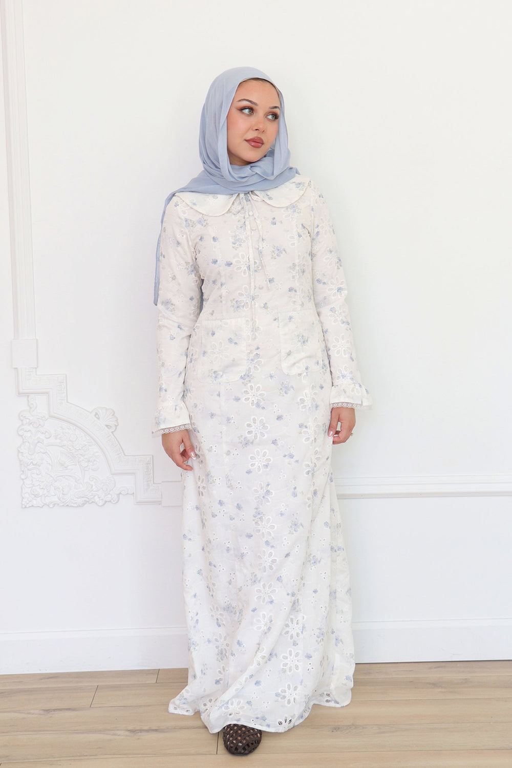 Elora Lace Floral Dress - Cream/Blue