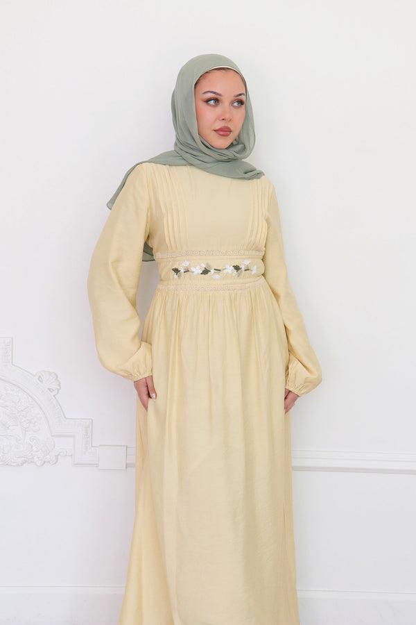 Amalia Embroidery Linen Dress - Butter Yellow