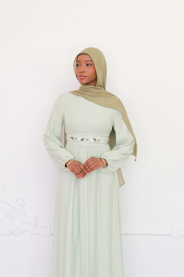 Amalia Embroidery Linen Dress - Sage