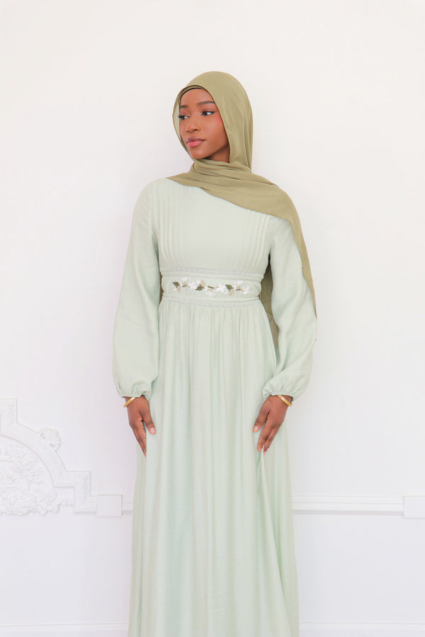 Amalia Embroidery Linen Dress - Sage