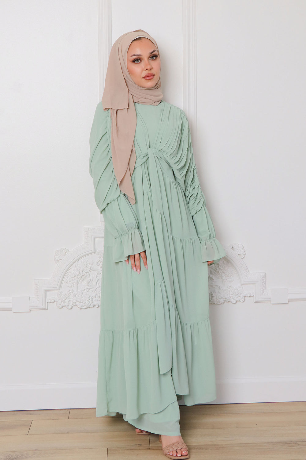 Saleema Chiffon Open Abaya - Light Sage