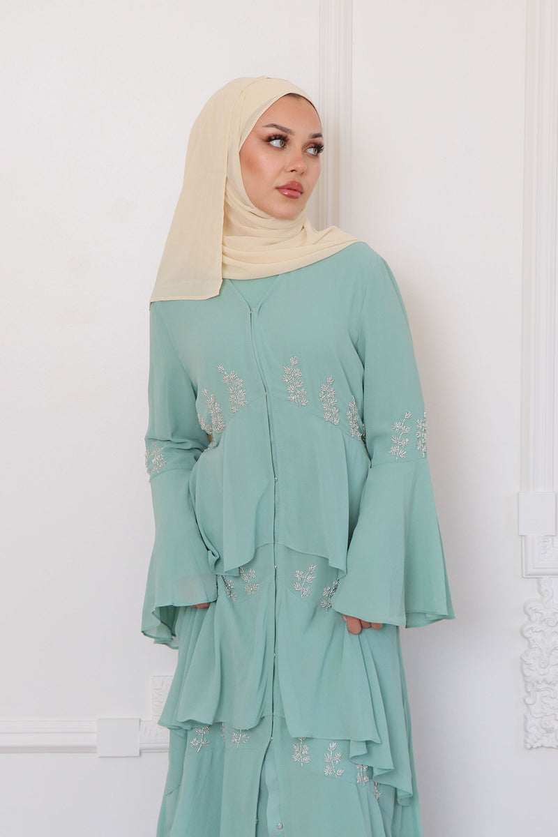 Mouna Chiffon Layered Abaya - Mint