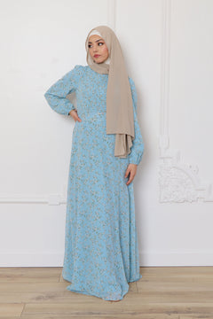 Raven Floral Shirred Dress- Blue Gray