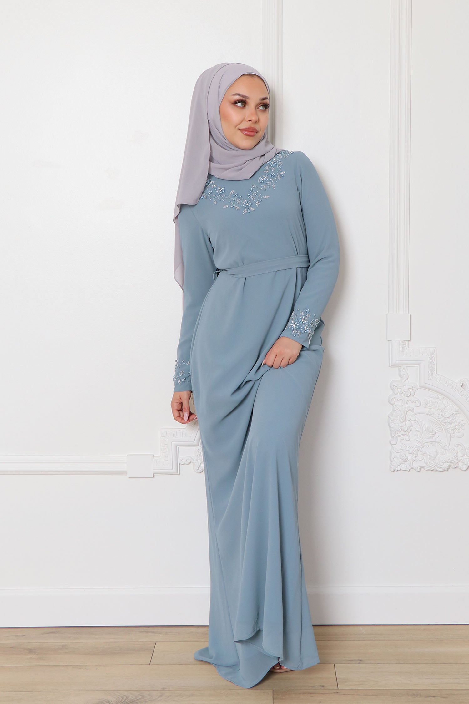 chiffon beaded maxi dress Size M/L Beaded Bodice Teal Blue Open Back Chiffon Maxi Dress Clothing Lounge Co
