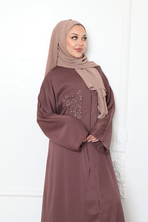 Aaira Textured Beaded Open Abaya- Mocha