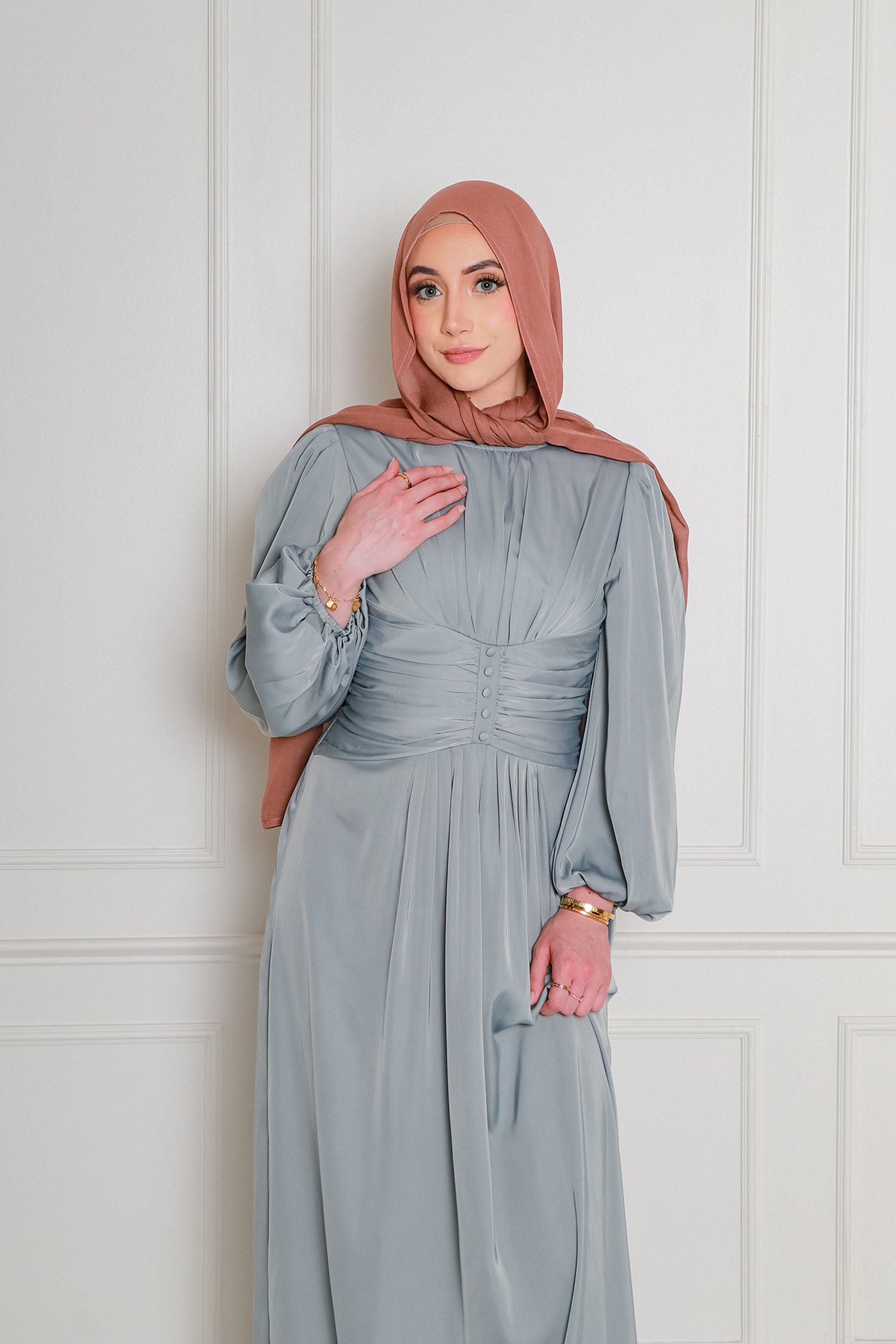 Cara Folds Satin Dress- Mint Gray XL