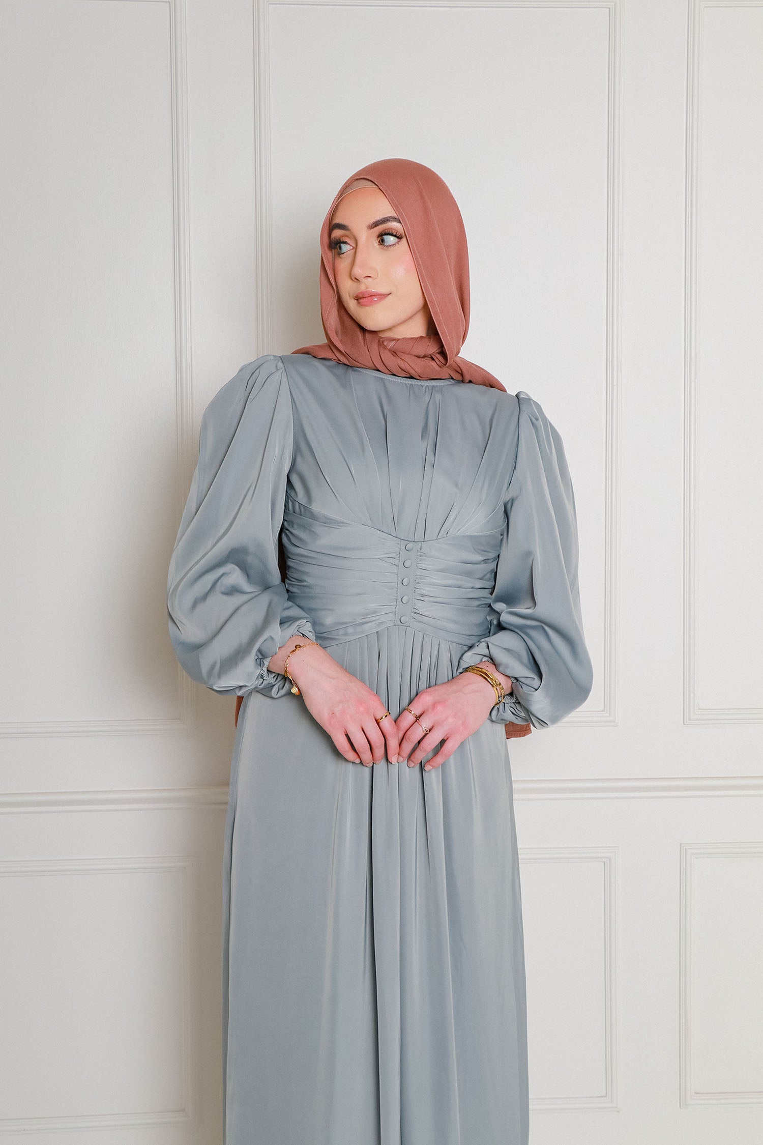 Cara Folds Satin Dress- Mint Gray XL by LaMeera Moda Cara Folds Satin Dress- Mint Gray XL by LaMeera Moda