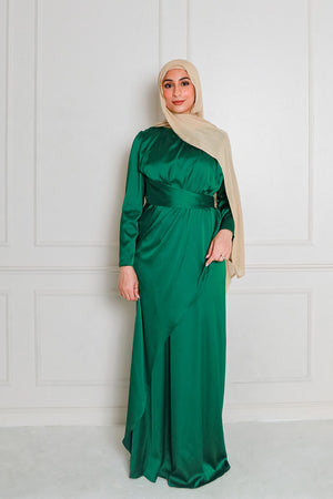 Sarai Layer Satin Dress- Hunter Green