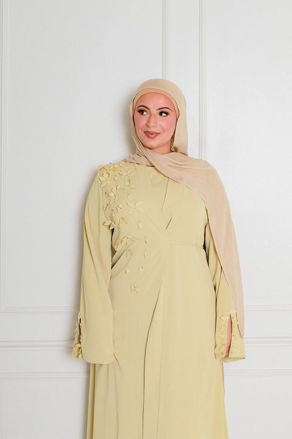 Lilian Embroidery Abaya Set- Butter Yellow