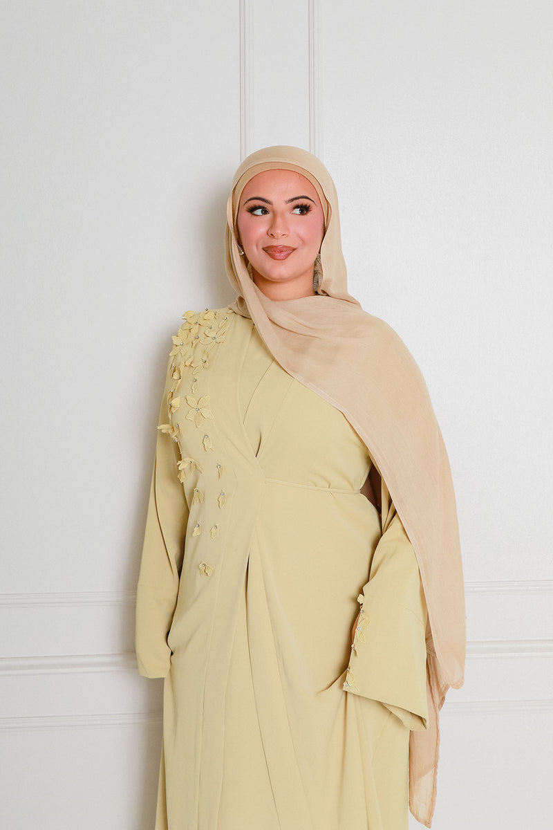 Lilian Embroidery Abaya Set- Butter Yellow