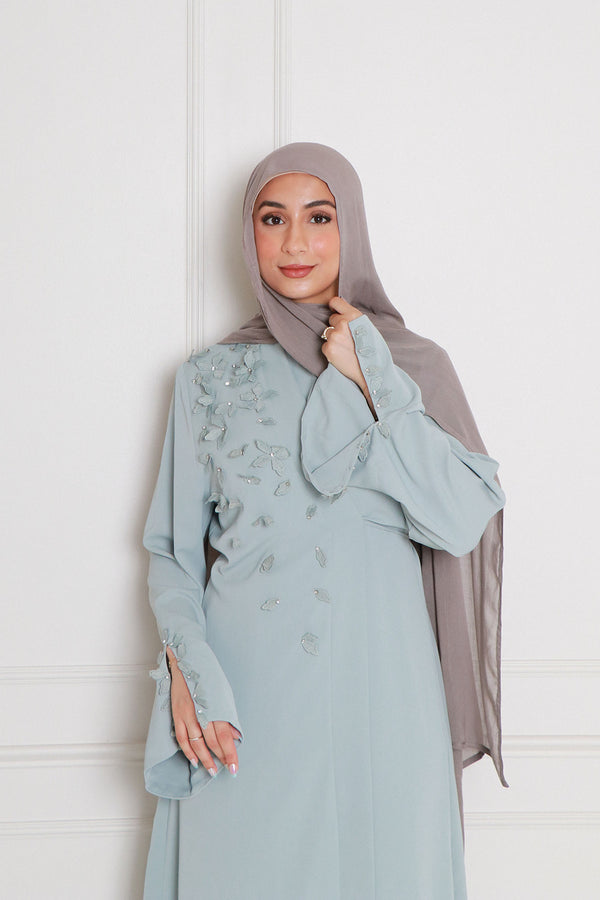 Lilian Embroidery Abaya Set- Mint Gray