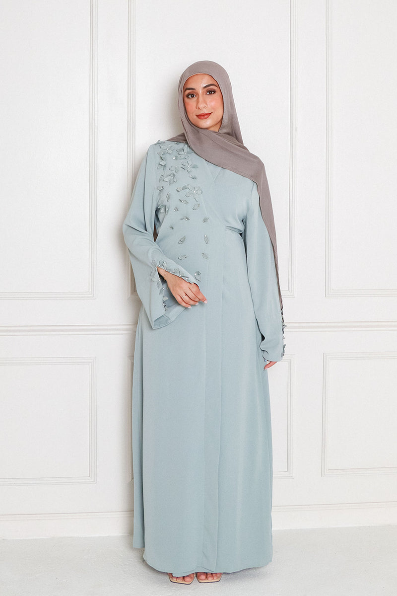 Lilian Embroidery Abaya Set- Mint Gray