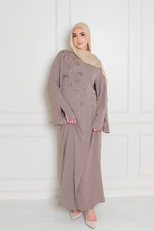 Lilian Embroidery Abaya Set- Taupe