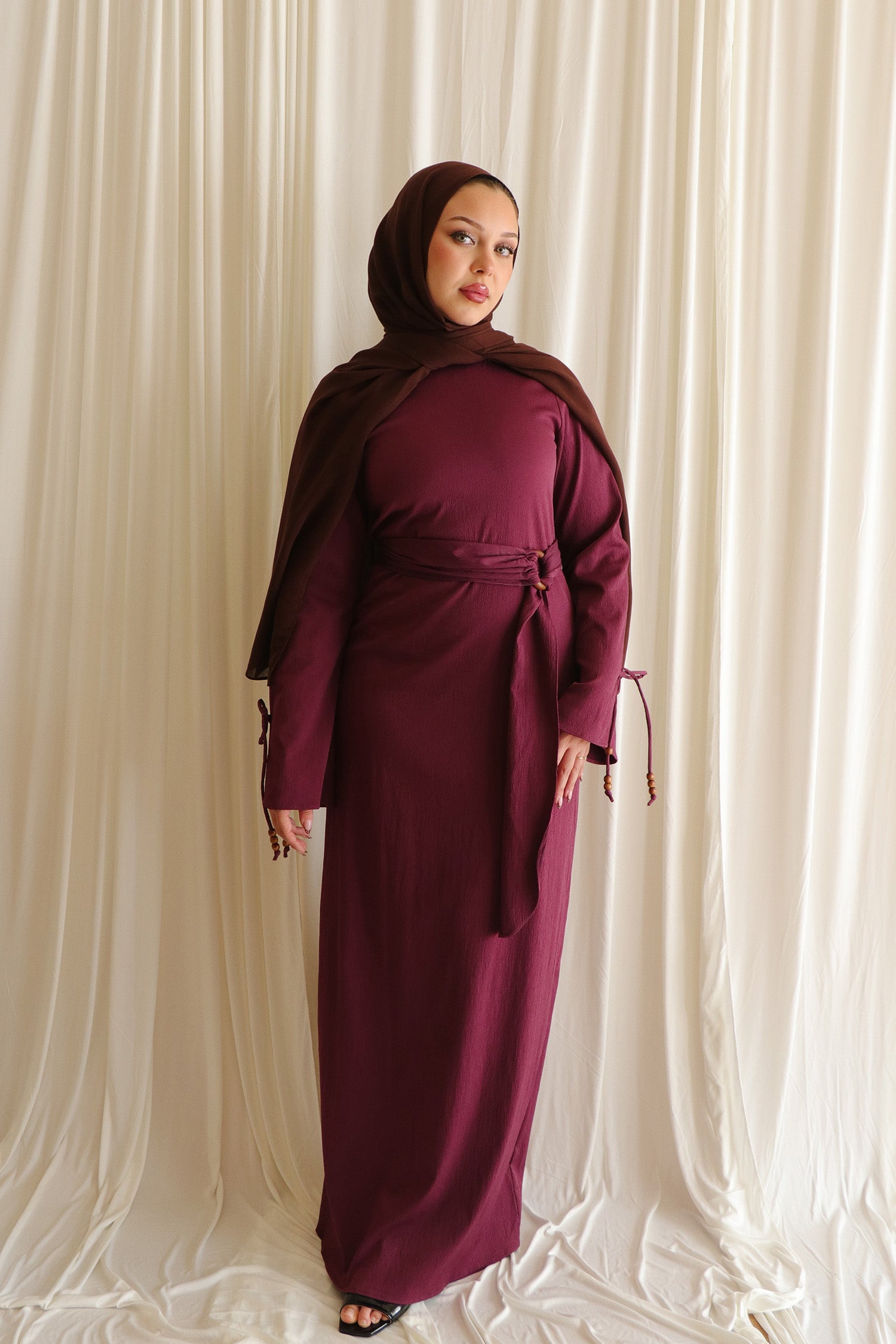 burgundy hijab dress Buttoned Modest 10213BR it drapes seamlessly while maintaining its refined structure Prayer Set Dress | One-Piece