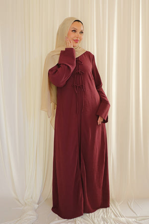 Ayla Textured Tie Abaya Set- Mahogany