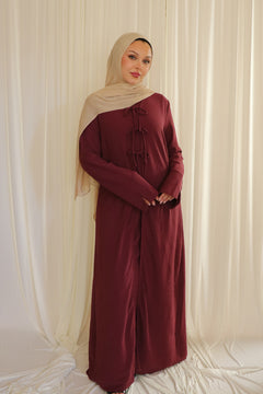 Ayla Textured Tie Abaya Set- Mahogany