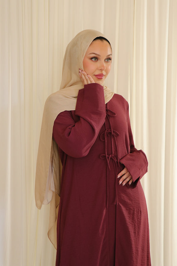 Ayla Textured Tie Abaya Set- Mahogany
