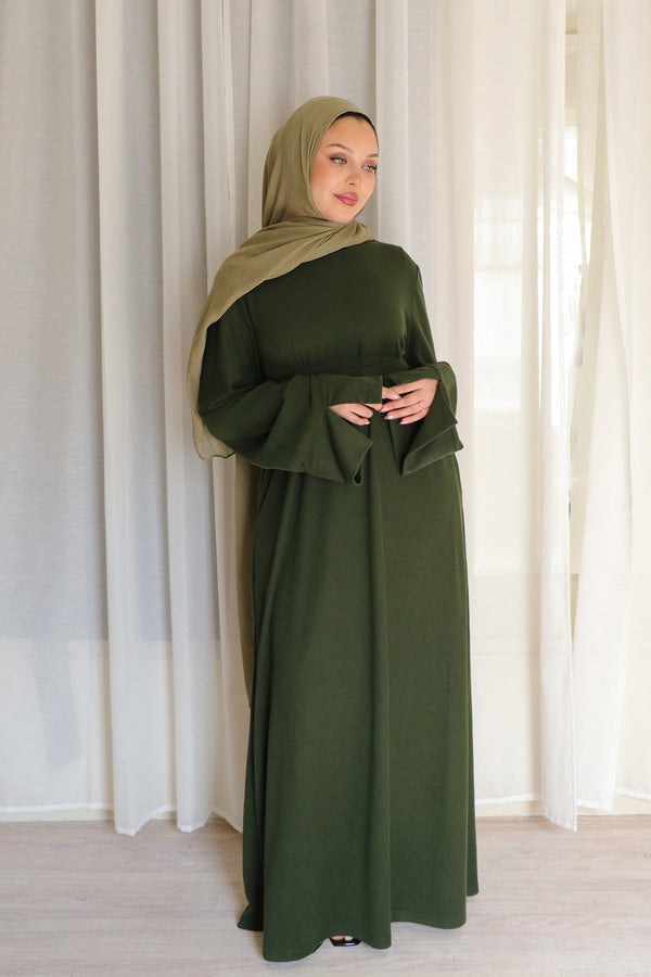 Tala premium Ribbed Knit Abaya- Forest green