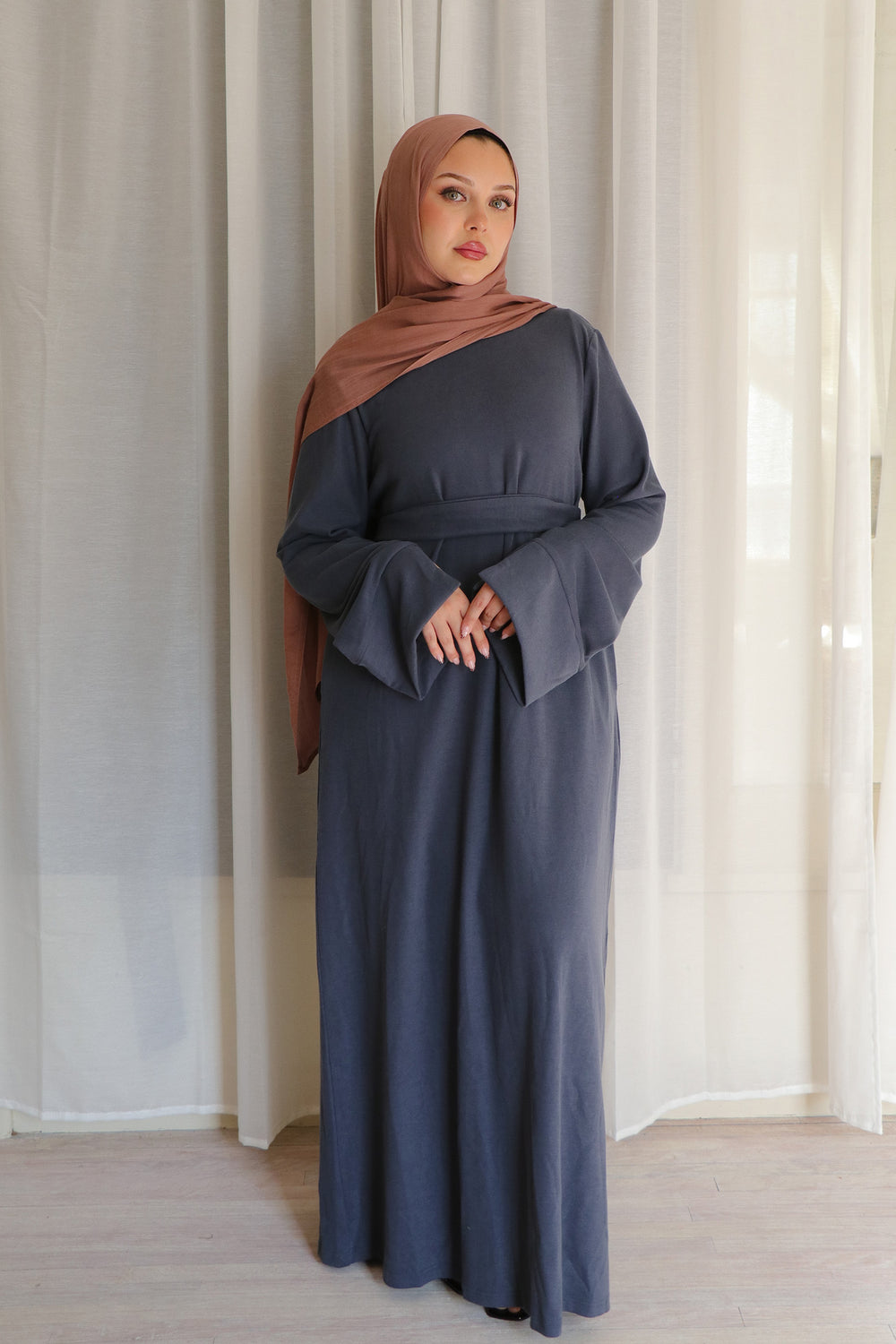 Tala premium Ribbed Knit Abaya- Blue Gray
