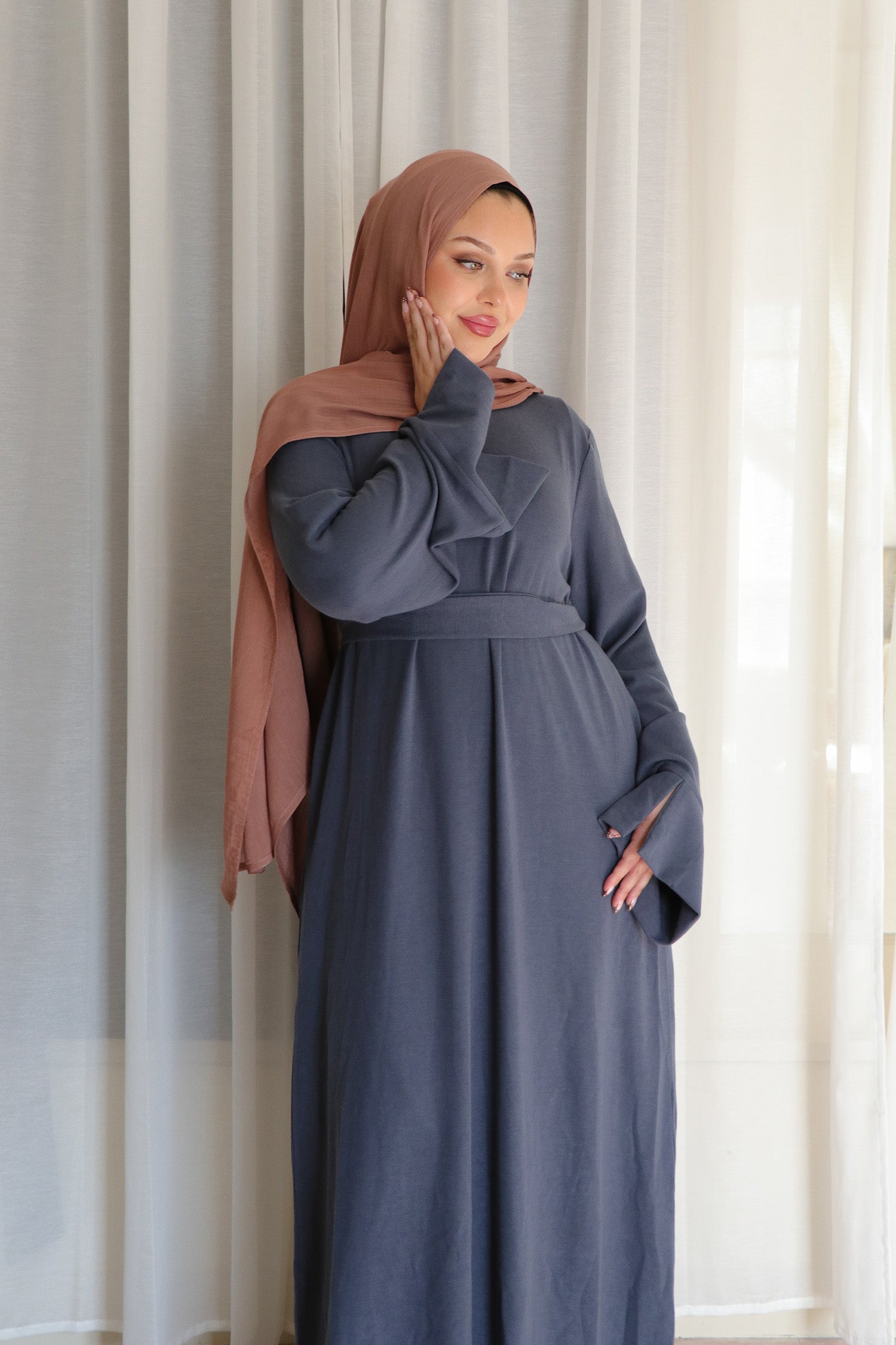 Tala premium Ribbed Knit Abaya- Blue Gray Tala premium Ribbed Knit Abaya- Blue Gray