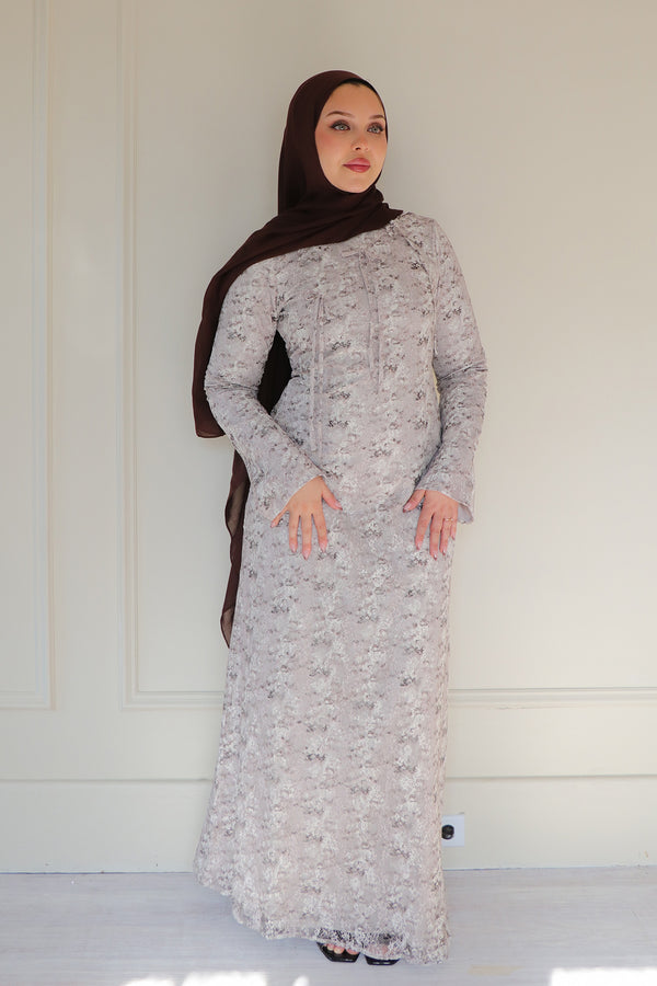 Evara Lace Bow Dress- Khaki