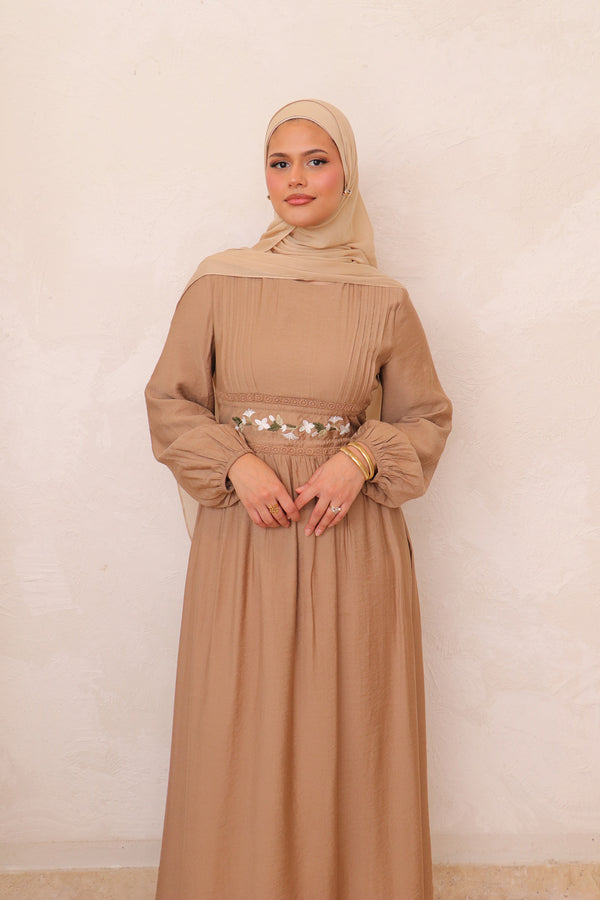 Amalia Embroidery Linen Dress - Nude Pink