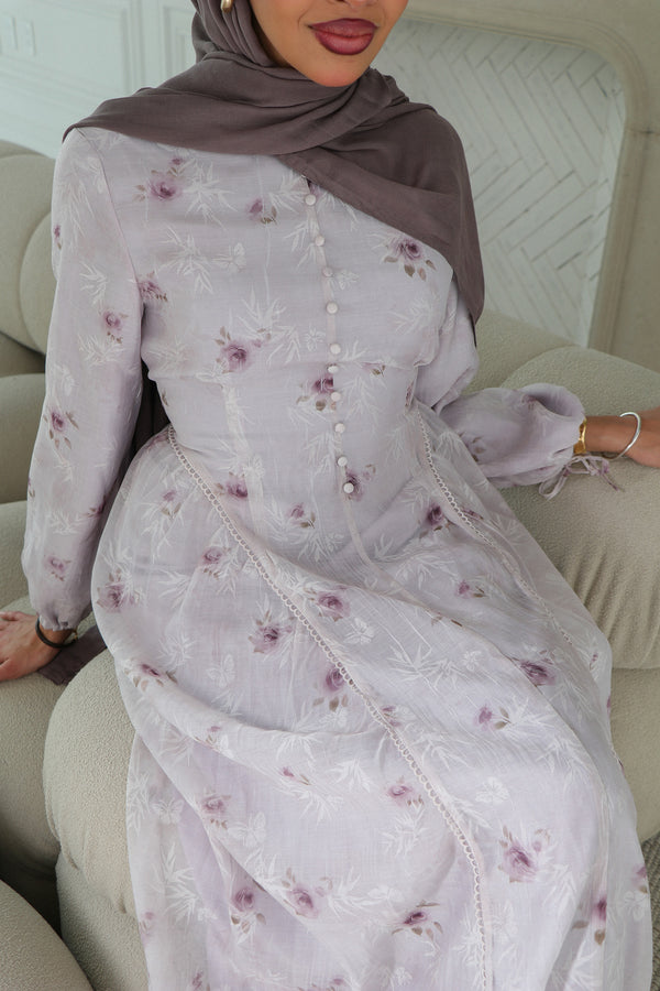 Serena Linen Floral Dress- Lilac