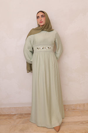 Amalia Embroidery Linen Dress - Sage