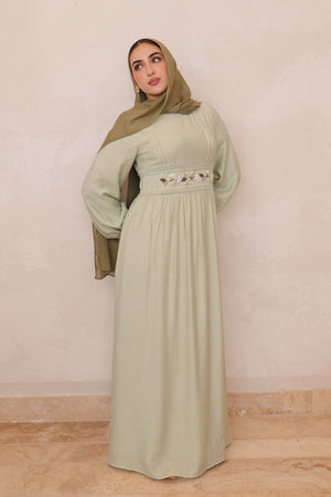 Amalia Embroidery Linen Dress - Sage