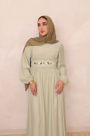 Amalia Embroidery Linen Dress - Sage