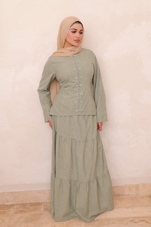 Mabel Linen Smock Skirt Set - Sage