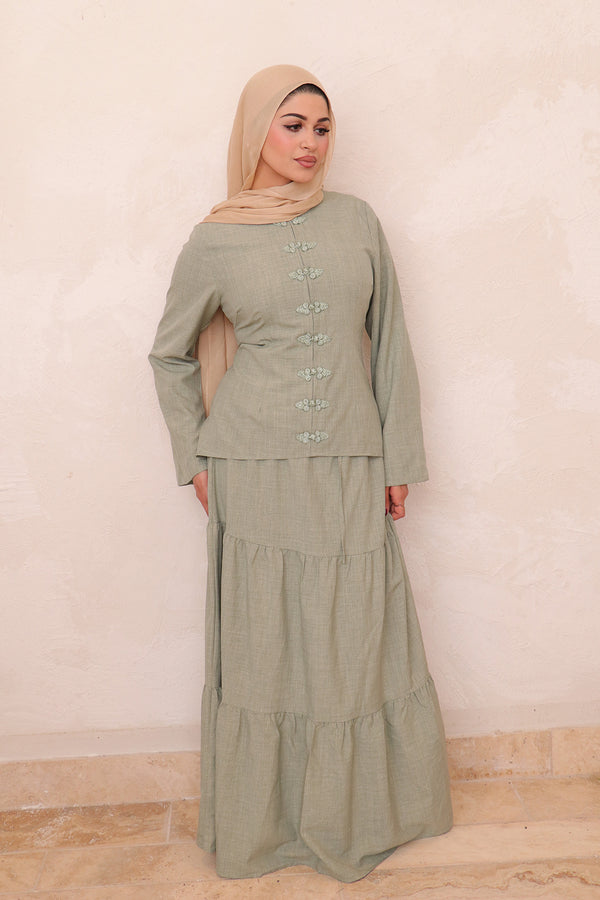 Mabel Linen Smock Skirt Set - Sage