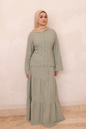 Mabel Linen Smock Skirt Set - Sage
