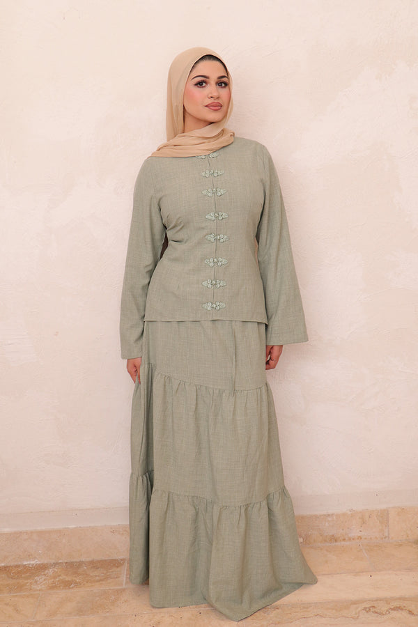 Mabel Linen Smock Skirt Set - Sage
