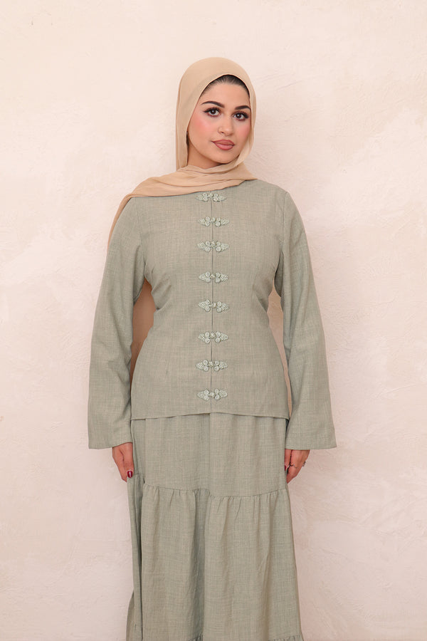 Mabel Linen Smock Skirt Set - Sage