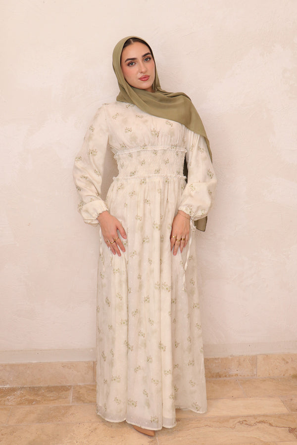 Elsie Shirred Waist Floral Dress- Sage