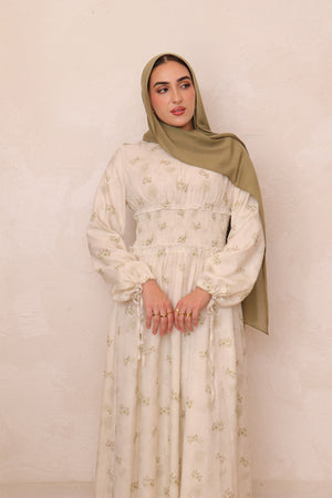 Elsie Shirred Waist Floral Dress- Sage