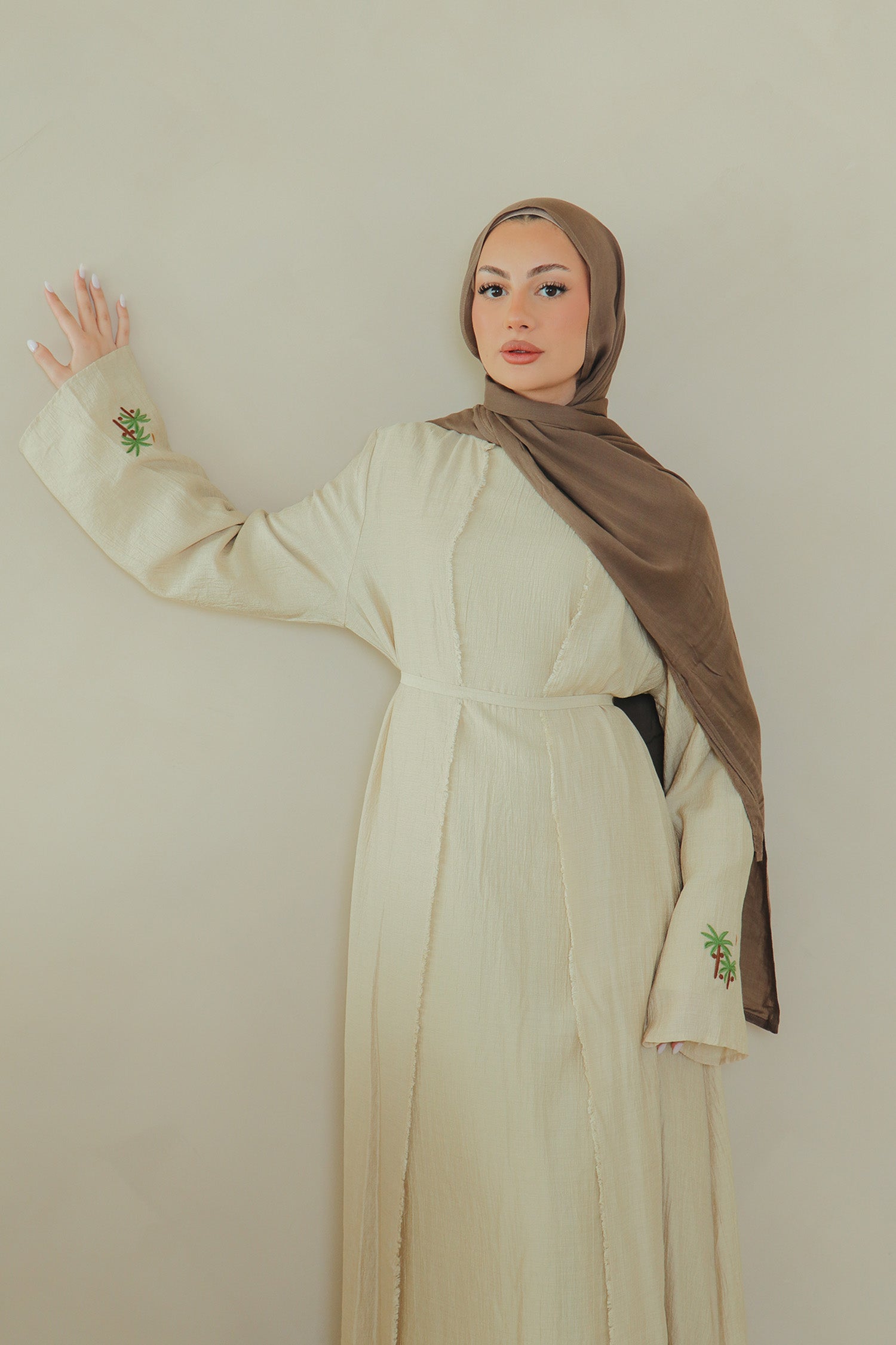 linen abaya dress Palm Linen Abaya Set- camel 52 by LaMeera Moda