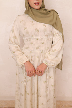 Elsie Shirred Waist Floral Dress- Sage