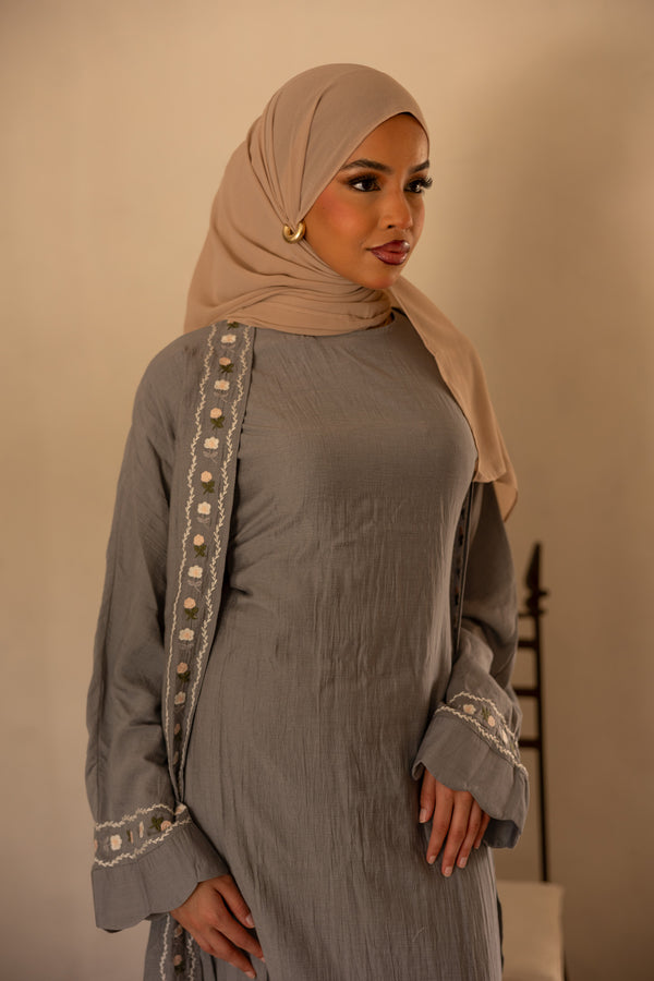 Aida Embroidery Abaya Set- Dusty Blue