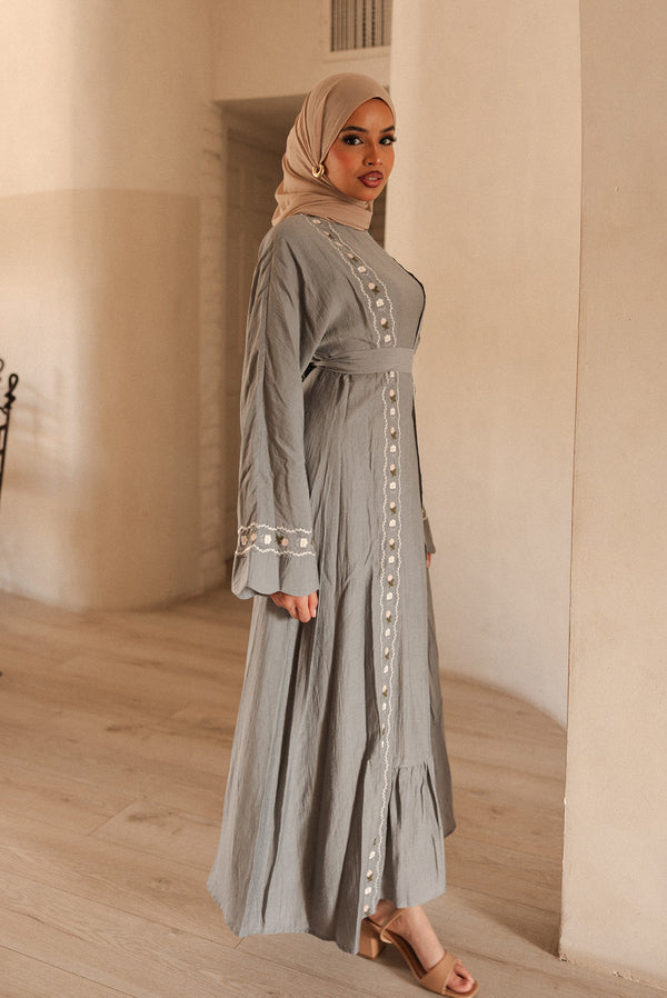 Aida Embroidery Abaya Set- Dusty Blue