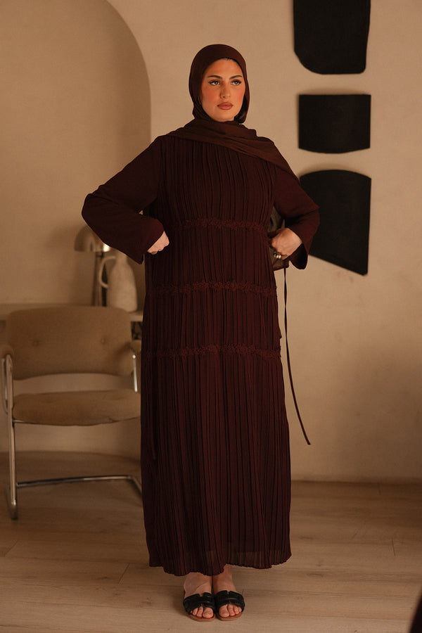 Haya Pleat Chiffon Abaya Set - Mahogany