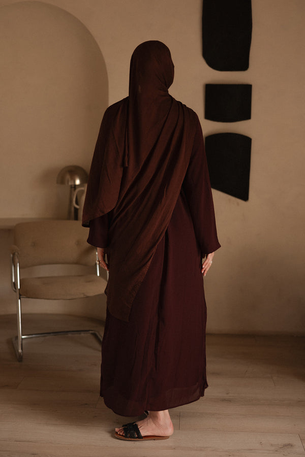 Haya Pleat Chiffon Abaya Set - Mahogany